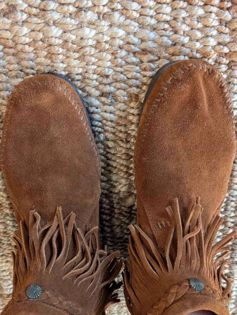 Minnetonka Fringe Suede Moccasin Boots - Chestnut Brown Bohemian
